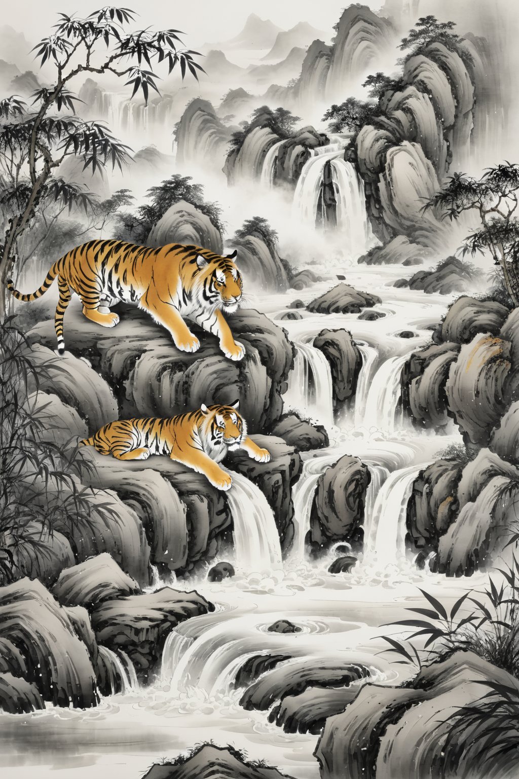 Best quality,8k,cg,falls,Rain,raindrops,Chinese ancientpaintings,traditional chinese ink painting,black and white ink painting,tiger,chinese meticulous ink,illustration,white background,centered,completed,