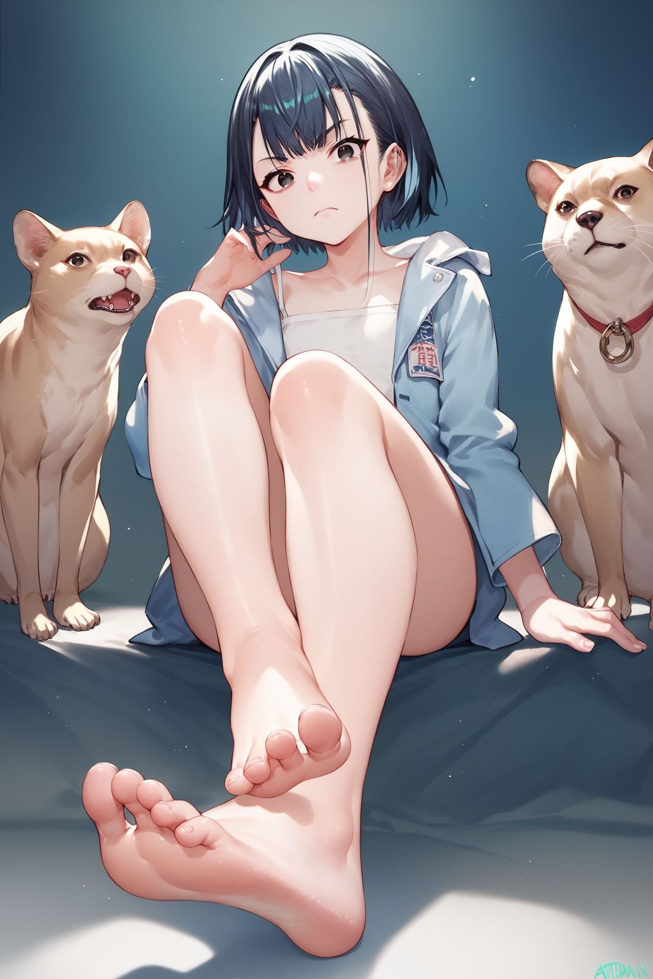 score_9, score_8_up, score_7_up, 1girl, sitting, looking at viewer, foot focus, foreshortening, soles, pinky swear, pain, dark blue hair, short bangs, black eyes, flat chest, light blue jacket, bright, zoo, <lora:atdan_PonyXL_style_v01:1>