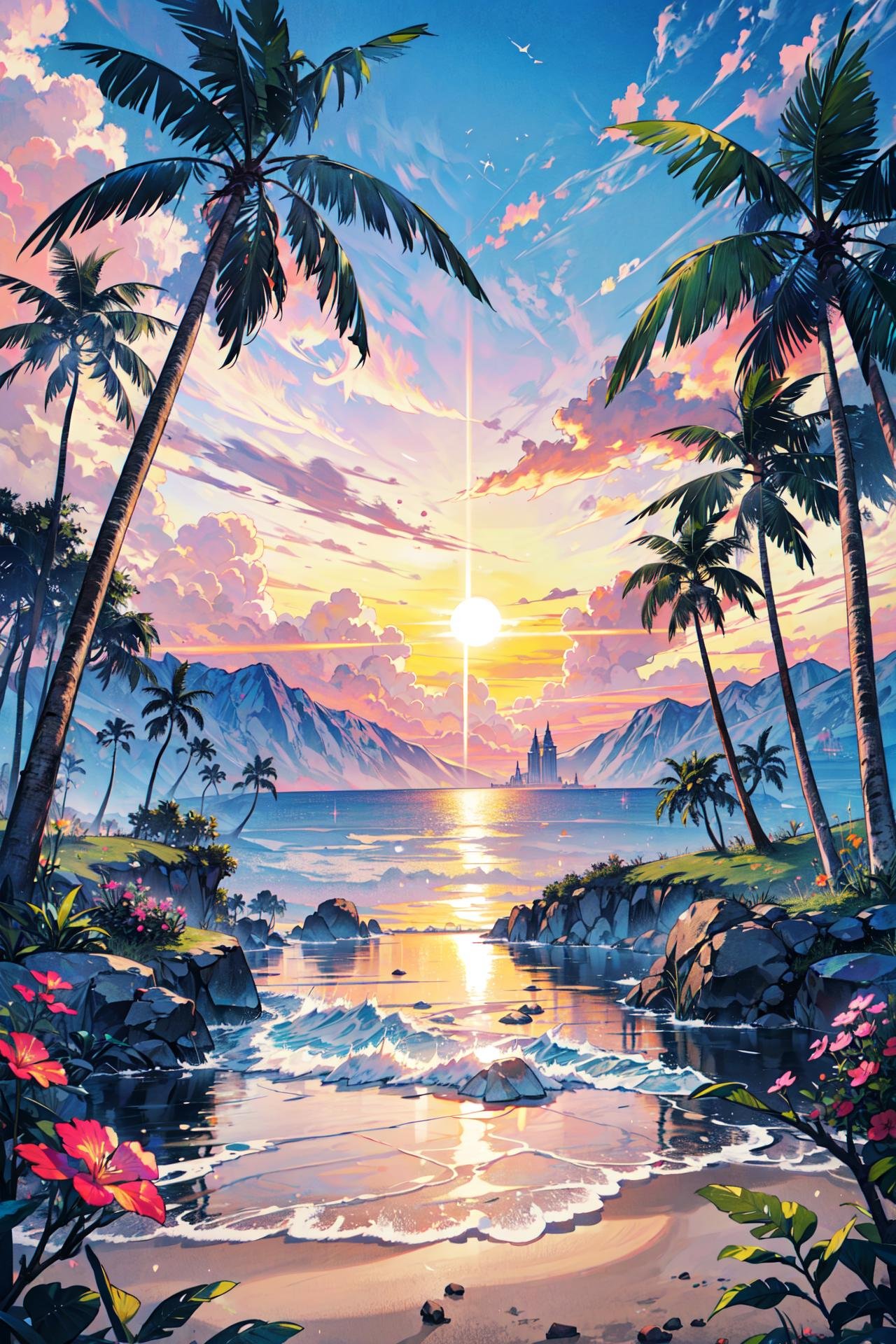 ((best quality, masterpiece, absurdres, super-resolution)) Tropical Paradise, Sun-Kissed Hues, Palm Trees Swaying, Sandy Beach