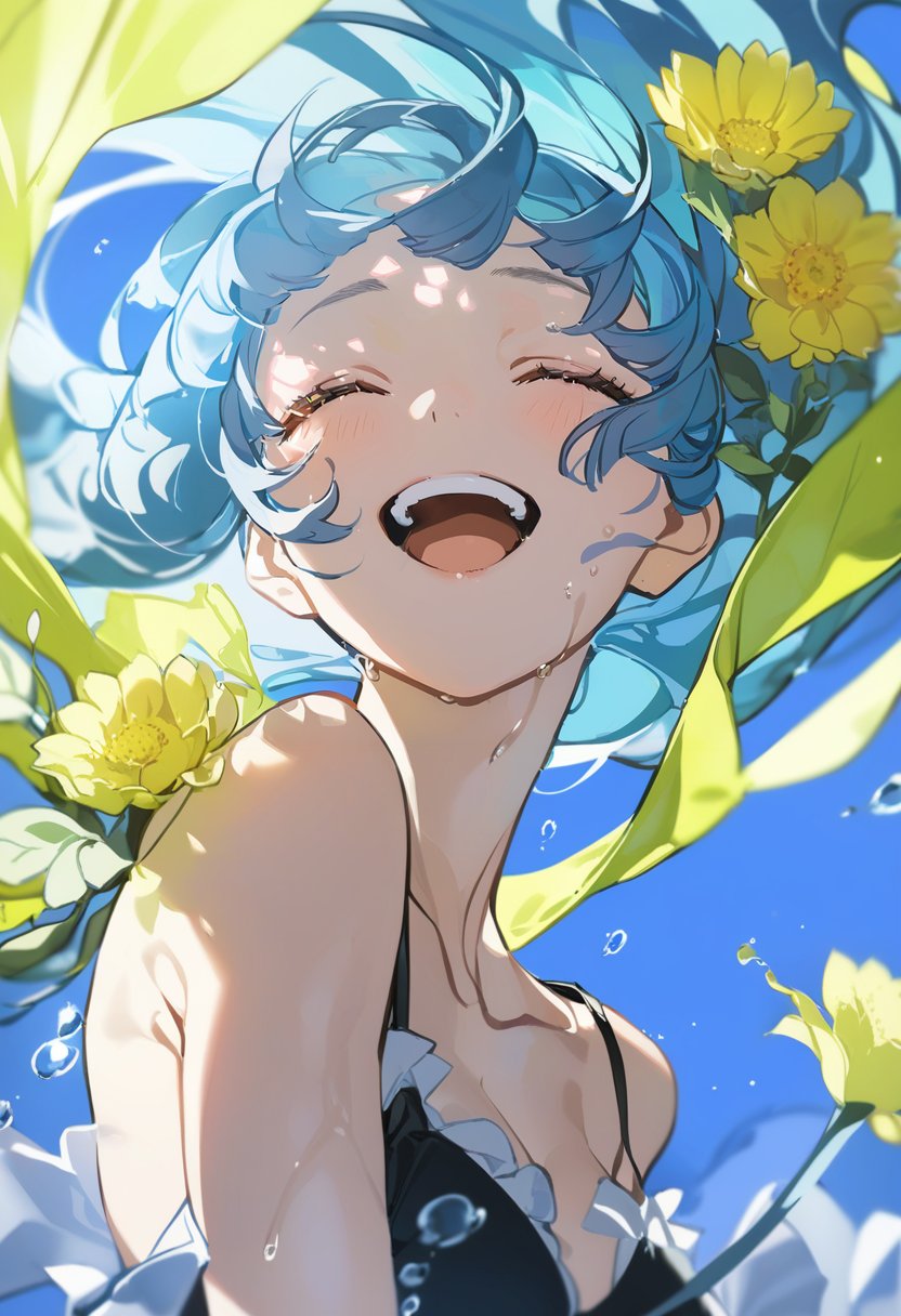 masterpiece, best quality, <lora:yoneyamaiXL_V1:1.0>, 1girl, solo, closed eyes, open mouth, flower, smile, long hair, blue background, floating hair, upper body, blue hair, underwater, liquid hair, yellow flower, bare shoulders, bangs