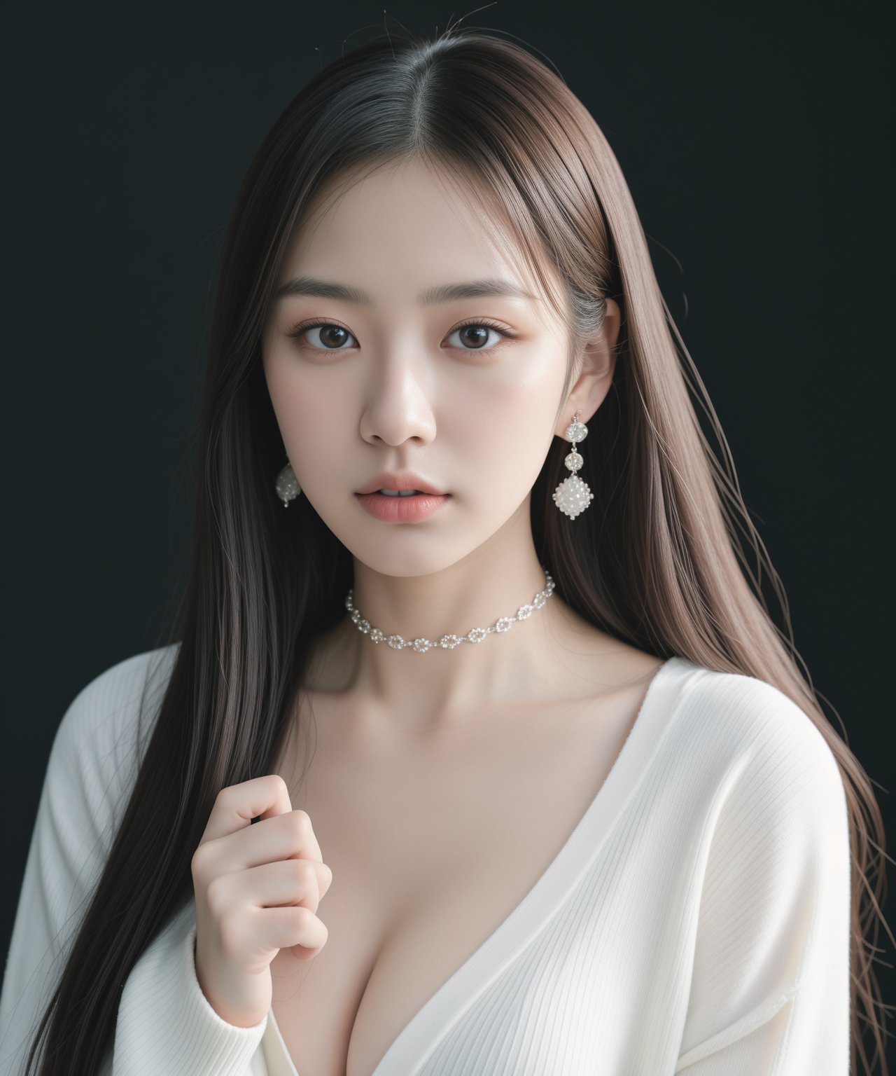 (masterpiece:1.35),(best-quality:1.4), 8k, ultra-detailed, photography, (ultra-realistic:1.4), film grain, portrait photo of 23 years old J-pop woman in white cardigan, (flowing long hair, run her hand through her hair), earrings, choker, cleavage, pale skin, (pout, thin lip), hard shadows, simple background, (instagram photo),