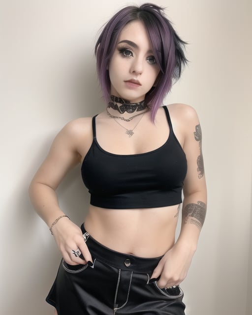 solo,random girl,random makeup,random top,random skirt or pants,random hair color,random breast size,random style either emo punk or goth styles,very form fitting clothing,open clothes, perfect features, perfect limbs