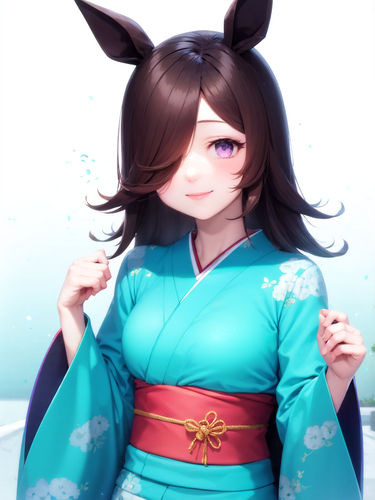 <lora:colorkimono:1> 1girl, solo, standing, obi, sash, medium breasts, very long hair, wide sleeves, long sleeves, BREAK (aqua kimono:1.2), closed mouth, floral print, BREAK<lora:rice_shower:1> horse ears, smile, purple eyes, hair over one eye, upper body, very long hair, 