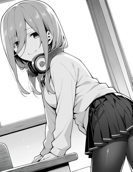 score_9, score_8_up, score_7_up, source_anime,mikunakano, <lora:miku-nakano-manga-ponyxl-lora-nochekaiser:1>,miku nakano, long hair, bangs, shirt, hair between eyes, headphones, headphones around neck, monochrome, greyscale,skirt, shirt, long sleeves, white shirt, pantyhose, pleated skirt, black pantyhose, cardigan,indoors, classroom, bent over, smile,looking at viewer, cowboy shot, dutch angle, solo, mature female,