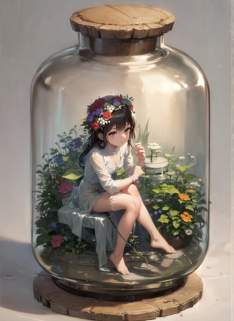 masterpiece, best quality, 1girl, in a jar, jar, simple background, full body, flower, sitting, 