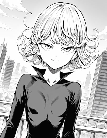 score_9, score_8_up, score_7_up, source_anime,tatsumaki, <lora:opm-tatsumaki-manga-ponyxl-lora-nochekaiser:1>,tatsumaki, short hair, curly hair, monochrome, greyscale,long sleeves, dress,outdoors, cityscape, smile,looking at viewer, cowboy shot, solo, dutch angle,