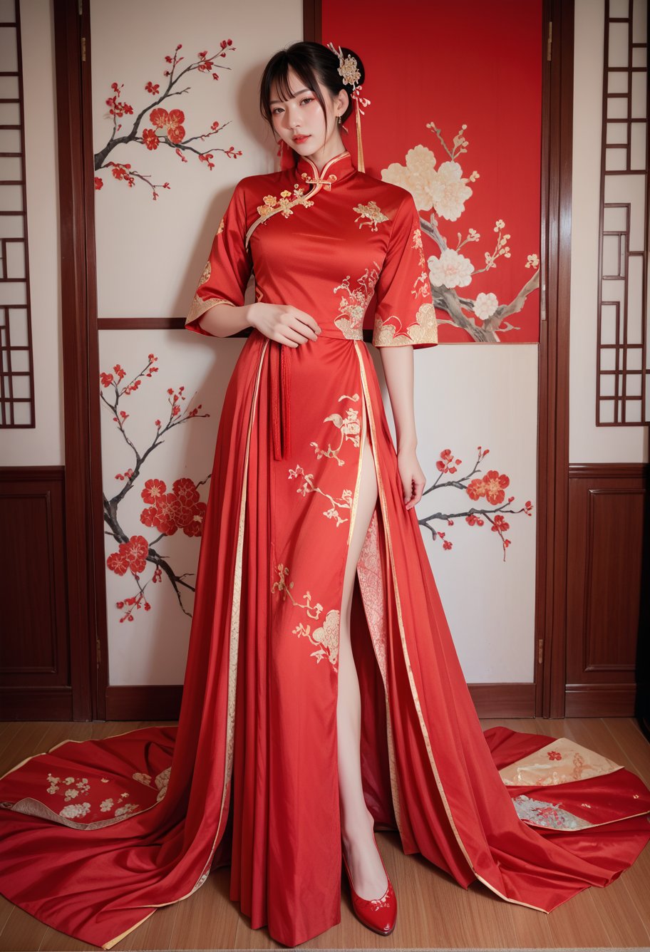 score_9,score_8_up,score_7_up,8k,1girl,solo,,ruanyi0711,chinese clothes,red dress,long dress,<lora:0711 Chinese wedding dress_v1_pony:1>