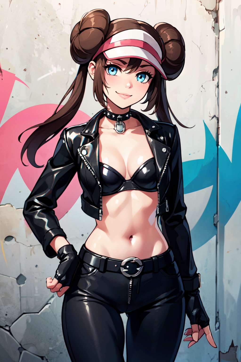 ((masterpiece,best quality)), absurdres,   <lora:Rosa_v5:0.7>,   zzRosa, hair bun, blue eyes, twintails,    leather jacket, leather pants, strapless bra, black jacket, tight pants, black choker, zipper, fingerless gloves, biker clothes, spikes, unzipped, multiple belts, shiny clothes, high collar, (graffiti:1.2), brick wall,   solo, smile, looking at viewer, cowboy shot,