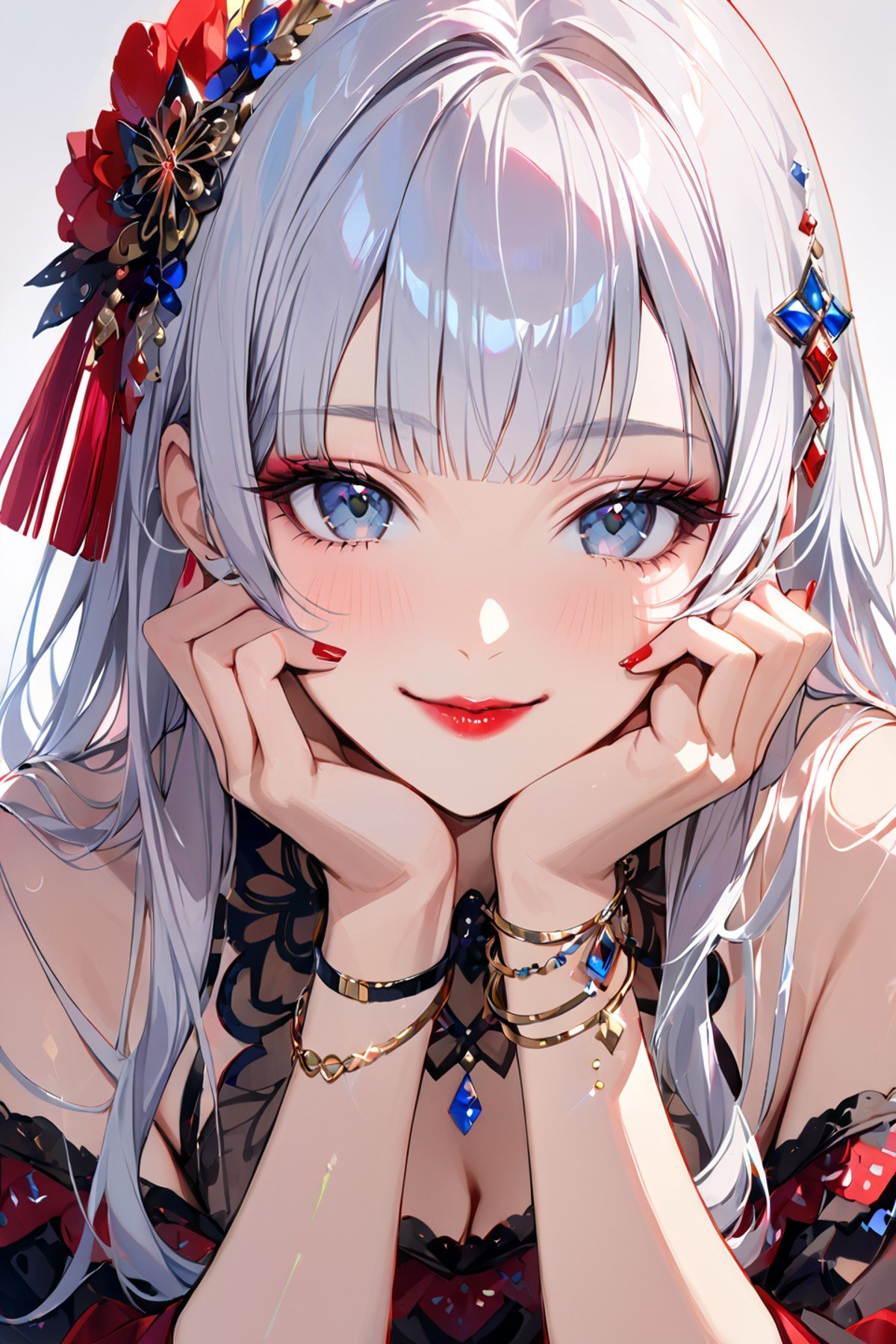 1girl, solo, long hair, looking at viewer, smile, blue eyes, hair ornament, white background, jewelry, white hair, closed mouth, blunt bangs, nail polish, bracelet, lips, grey eyes, portrait, red nails, close-up, red lips, hands on own face, hands on own cheeks,(masterpiece:1.2),(best quality:1.2),