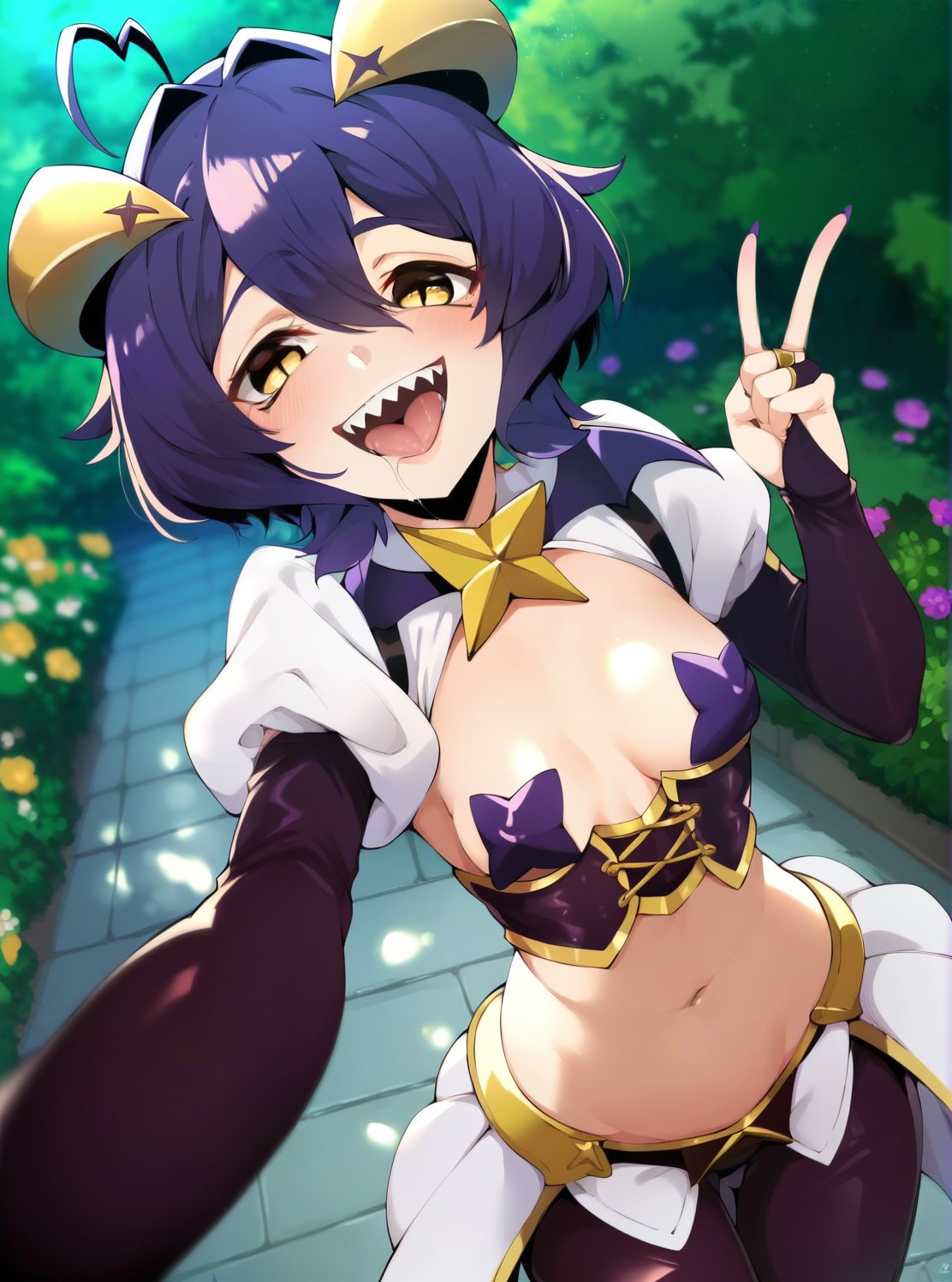 score_4, score_5, score_6, score_9, score_8_up, score_7_up, utenaxl, short hair, purple hair, ahoge, yellow eyes, +.+, hair between eyes, yellow demon horns, demon wings, purple pasties, star pasties, puffy sleeves, bridal gauntlets, purple bridal gauntlets, navel, lowleg pants, purple pants, demon wings, breastless clothes, corset, showgirl skirt, white showgirl skirt,  pov, selfie, looking at viewer, evil smile, sharp teeth, open mouth, :D, saliva drip, outdoors, park, nature, flowers, <lora:utenaxl-10:1>