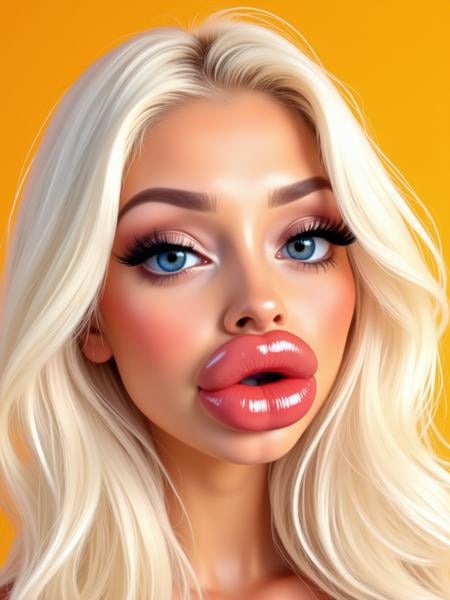 close-up portrait, a bright semirealistic cartoon of a relaxed young woman, pouty big lips, long flowing platinum blonde hair, desaturated, washed out colors <lora:megalips_v1:1.1>