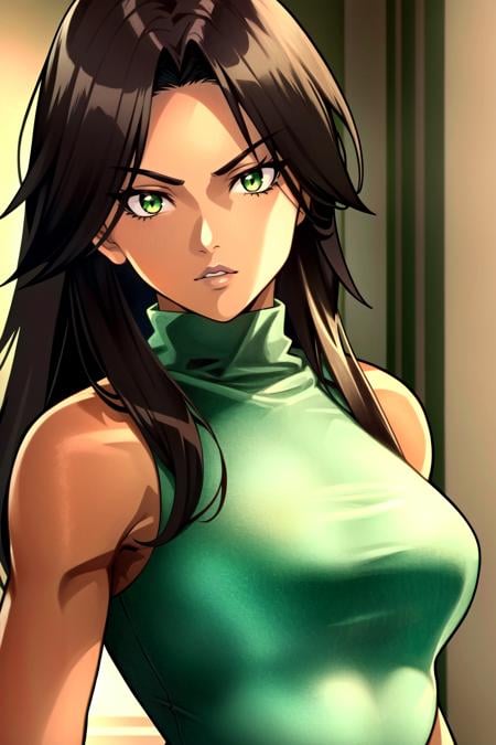 (extremely detailed CG unity 4k wallpaper),(masterpiece),(ultra quality),(ultra-detailed),(best illustration),(best shadow),(absurdres),(detailed background) <lora:OGT_Jade-v1:1> Jade, 1girl, solo, breasts, ((((green eyes, dark-skinned female, dark skin, brown-skinned female, brown skin)))), long hair, brown hair, looking at viewer, lips, upper body, closed mouth, green turtleneck, sleeveless, medium breasts, serious, anime coloring, shonen anime style, beautiful