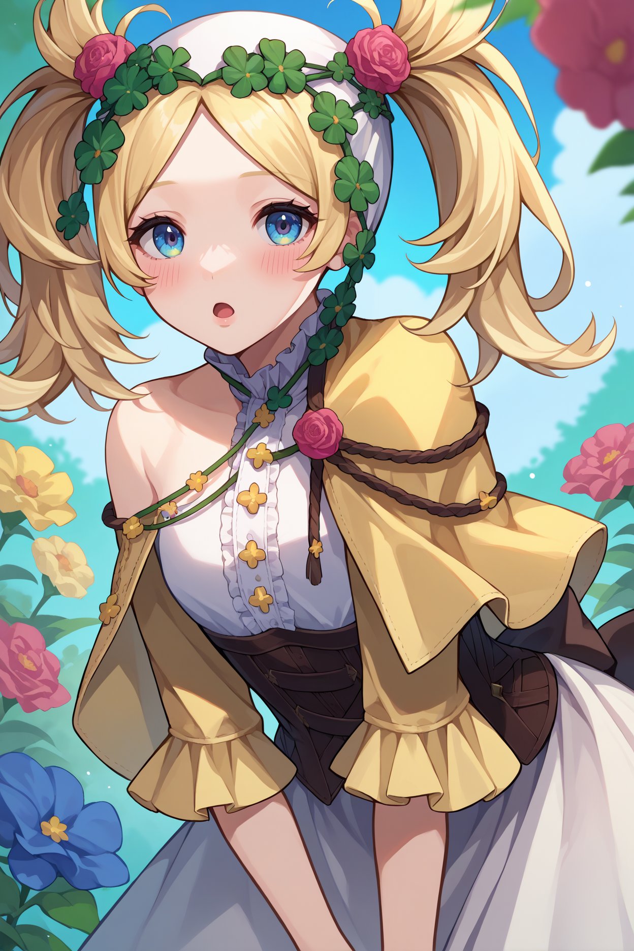 score_9, score_8_up, score_7_up, score_6_up, source_anime, 1girl, solo, <lora:felissa-pdxl-nvwls-v1-000005:1> valLissa, blonde hair, twintails, headscarf, hair flower, hair ornament, yellow capelet, bare shoulder, sundress, corset, leaning forward, looking at you, blush, chestnut mouth, garden, flowers