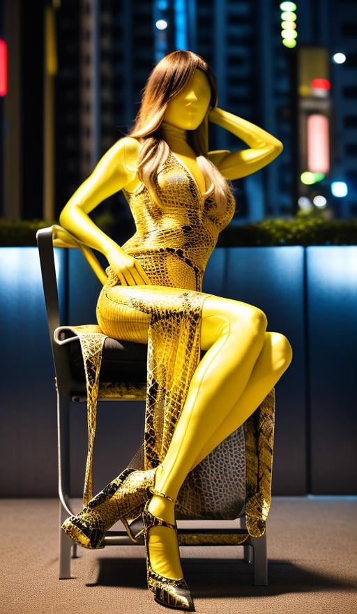 masterpiece, best quality,ultra detailed, a woman, sitting on a chair, wearing a yellow bodysuit, shiny complicated snake skin pattern on her skin,  long and thin legs, thin body, heels, small Breast, long white hair, dramatic lighting,  specular skin, facing camera, clear face, blurred city background, cyberpunk lighting, long dress, <lora:taiwanDollLikeness_v1:0.1>   <lora:zentaiV1.8:1>,