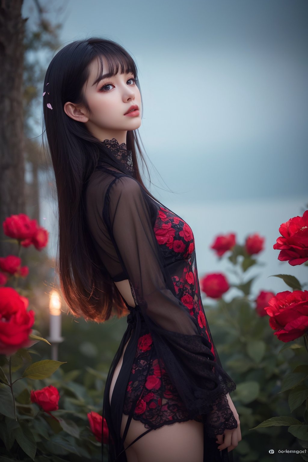 1girl,Extremely detailed facial features,full body,solo,melancholic,melancholy,nostalgic,a sense of solitude,petals,Surrealistic imagery,dreamlike atmosphere,vibrant and contrasting colors,intricate and detailed elements,