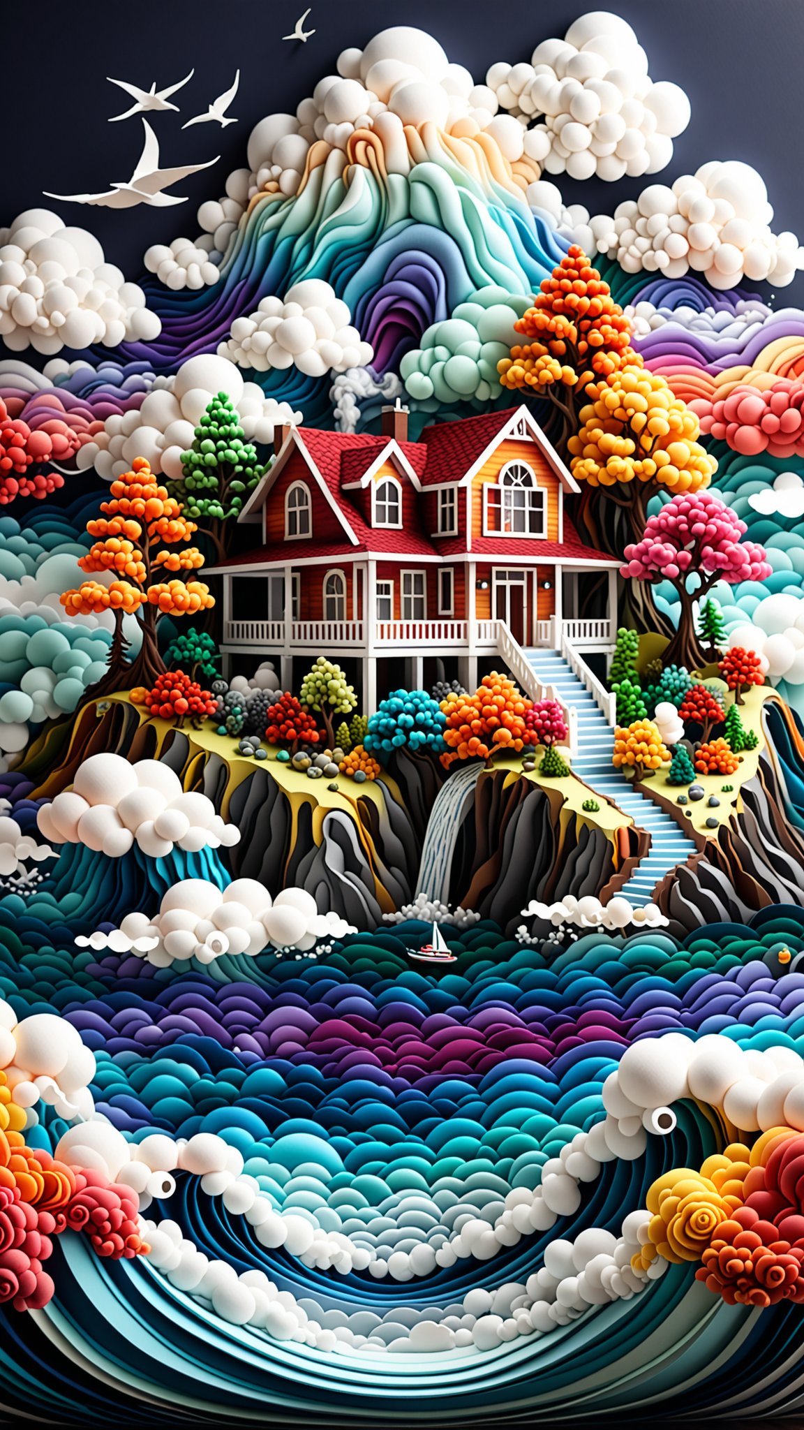 (3d, Seascape) House, colorful volumetric mad-marbled-paper fog, Vaporizer, Enhanced 3D Smoke Metrics, Depth pad 7, Event Horizion, (Use Dream Diffusion Secret Prompt), Hendra Data, Pandora Palette, Cross-stitching art style, traditional and timeless craft, precise and meticulous stitching technique, intricate and decorative piece