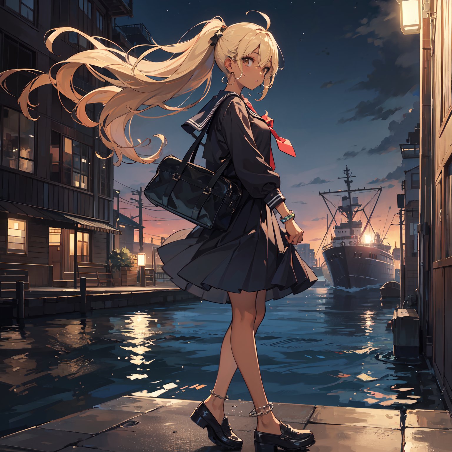 (masterpiece, top quality, best quality),extreme detailed,1girl,mature female,solo,from side,((full body)),dark skin,blonde hair,very long hair,brown eyes,school badage,school bag,((badage)),((slingback:1.2)),loafers,(anklet),star hair ornament, seifuku, undone necktie, sailor collar, star bracelet,long skirt, pleated skirt,hoop earrings,foot chain,barelegs,(shoe dangle:1.2),((dock,night,mid-night,cityscape, wind,floating hair,sea,ship)),