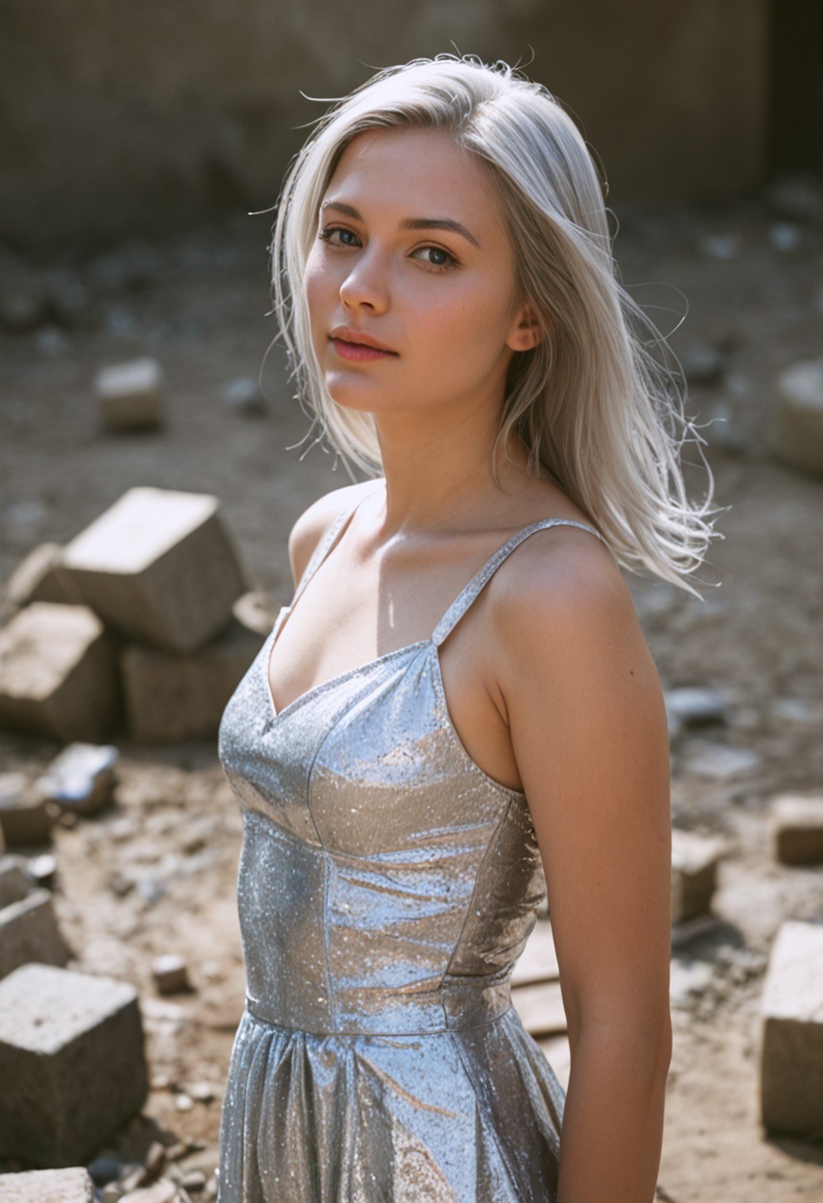 score_9, score_8_up, score_7_up, score_6_up, BREAK , source_real, raw, photo, realistic BREAK 1girl,silver hair,beautiful facial features,silver dress,standing,cube,debris,stone,floating objects,geometric object,silver theme,dreamy mottled background,depth of field gradient,close-up,
