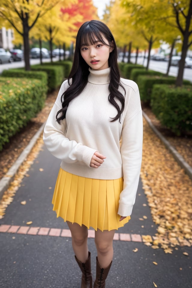 1girl,solo,photo background,outdoors,skirt,tree,standing,full body,long hair,autumn,day,looking at viewer,sweater,bangs,long sleeves,boots,sleeves past wrists,turtleneck,brown hair,realistic,lips,parted lips,shirt,black hair,socks,brown eyes,head tilt,autumn leaves,best quality,masterpiece,illustration,an extremely delicate and beautiful,CG,unity,8k wallpaper,Amazing,finely detail,masterpiece,official art,extremely detailed CG unity 8k wallpaper,incredibly absurdres,huge filesize,ultra-detailed,highres,extremely detailed,beautiful detailed girl,realistic,,<lora:Okamoto Hinana_20240503105030:0.8>