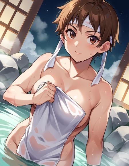 score_9, score_8_up, score_7_up, source_anime,sakurakasugano, <lora:sakura-kasugano-ponyxl-lora-nochekaiser:1>,sakura kasugano, brown eyes, brown hair, short hair,nude, naked, outdoors, onsen, towel, naked towel, steam, bathing, nude cover, partially submerged, water, bath, steam censor, wet towel,looking at viewer, dutch angle, cowboy shot,