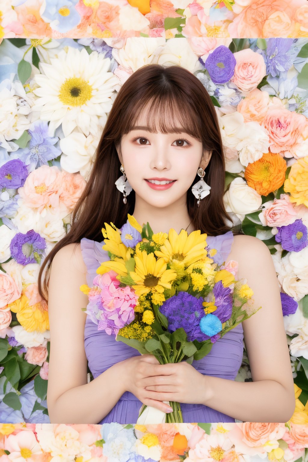 裴希西, 1girl, solo, flower, brown hair, earrings, jewelry, long hair, smile, yellow flower, bouquet, looking at viewer, pink flower, brown eyes, blue flower, floral background, upper body, sleeveless, realistic, lips, orange flower, purple flower, rose, bangs, dress