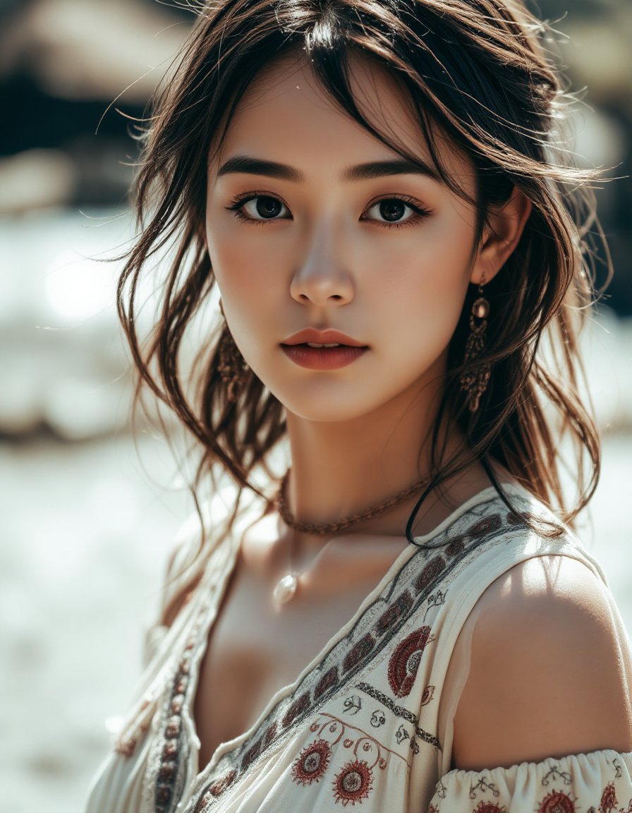 bohoai girl, A raw photo of a woman wearing a style dress, captured in a close-up shot. The intricate patterns of her dress, made of light, flowing fabric, showcase delicate embroidery and soft earthy tones, which reflect the free-spirited essence of the bohemian aesthetic. Her skin glows under natural light, highlighting the fine details of her attire and accessories, which include subtle jewelry that enhances the boho charm. Loose strands of her hair fall gently around her face, framing her features with a relaxed, carefree vibe. The texture of the fabric is richly detailed, and the soft shadows bring out the depth of the image, creating a warm and intimate atmosphere. The background is softly blurred, focusing all attention on her expression and the fine textures of her boho dress, giving the photo a sense of authenticity and natural beauty<lora:hinaFluxBohoGirlMix-schnell_v1:0.7>