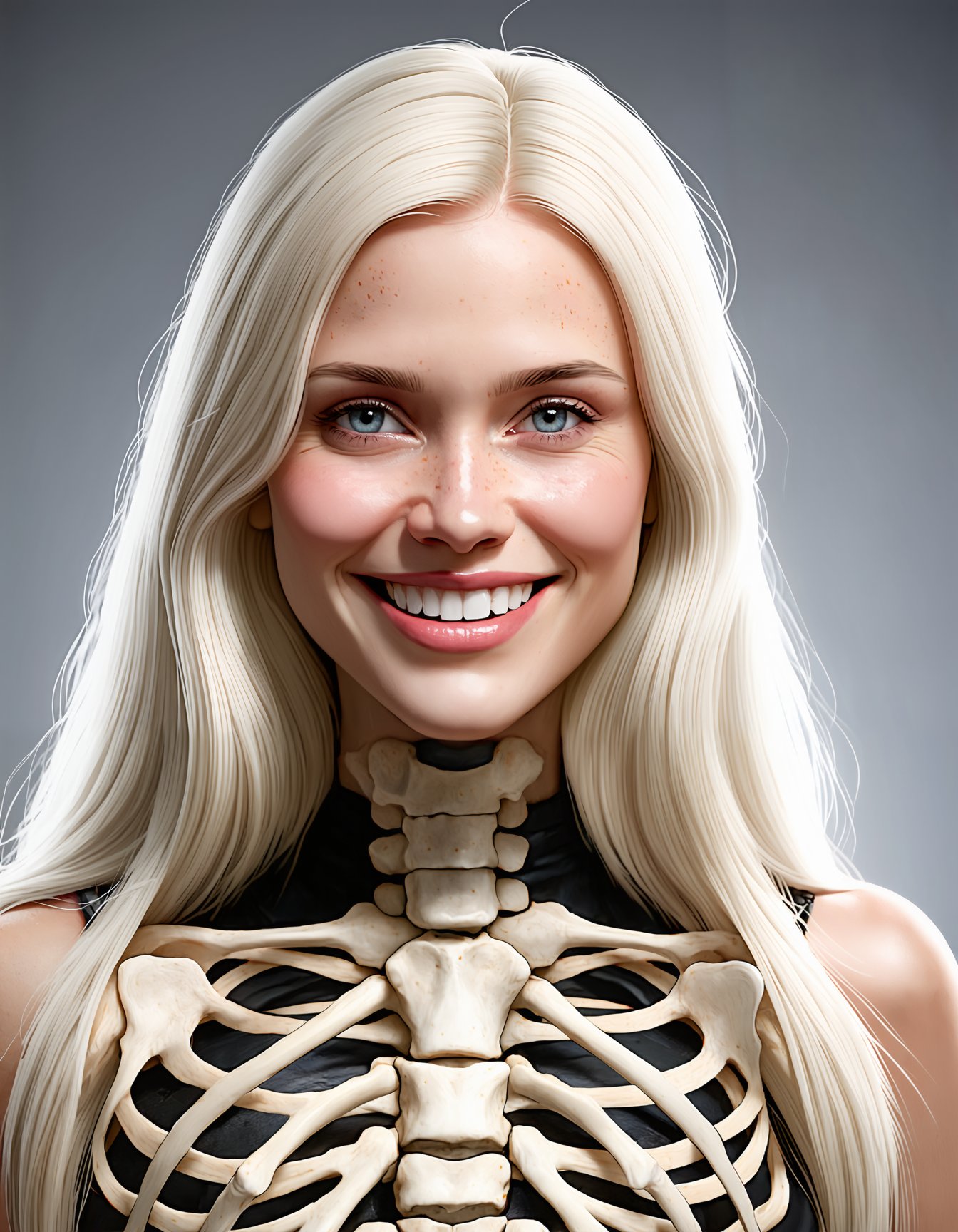 Ultra-detailed, highly realistic portrait of a smiling woman, long hair, looking at viewer, blue eyes, blonde hair, upper body, white hair, lips, freckles, realistic, ribs, skeleton, bone, spine, modern_style_boost_v1_slider_sd3m.safetensors