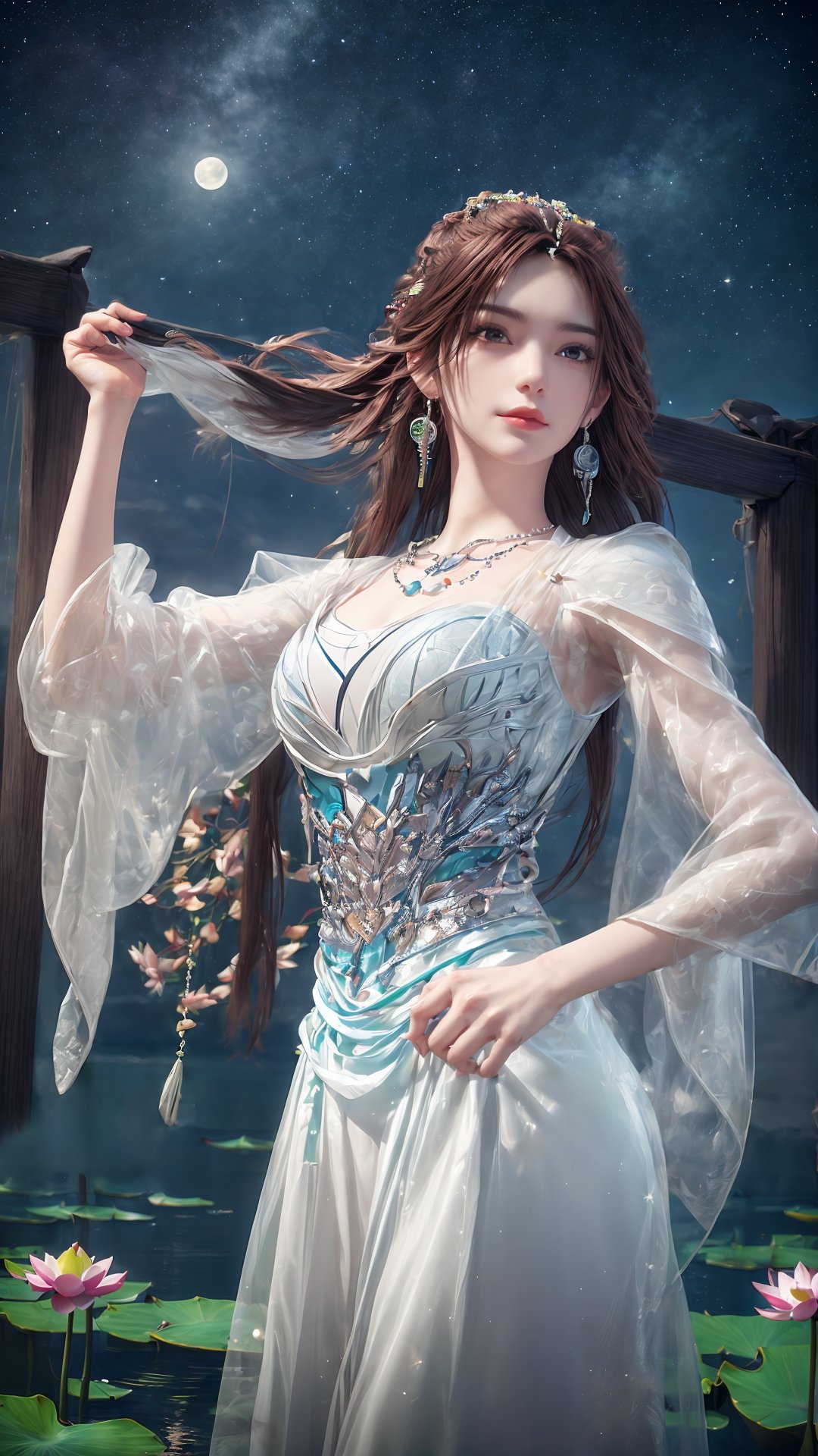 masterpiece,best quality,official art,extremely detailed CG unity 8k wallpaper,realistic,light rays,light particles,1girl,brown_hair,solo,long hair,(cowboy shot:1.2),earrings,jewelry,brown_eyes,lips,chinese_clothes,necklace,hair_ornament,see-through,blue theme,starry background,scenery,starry sky,night,reflection,night sky,outdoors,milkway,cistern,(lotus:1.2),lake water,moon,dynamic pose,looking at viewer,