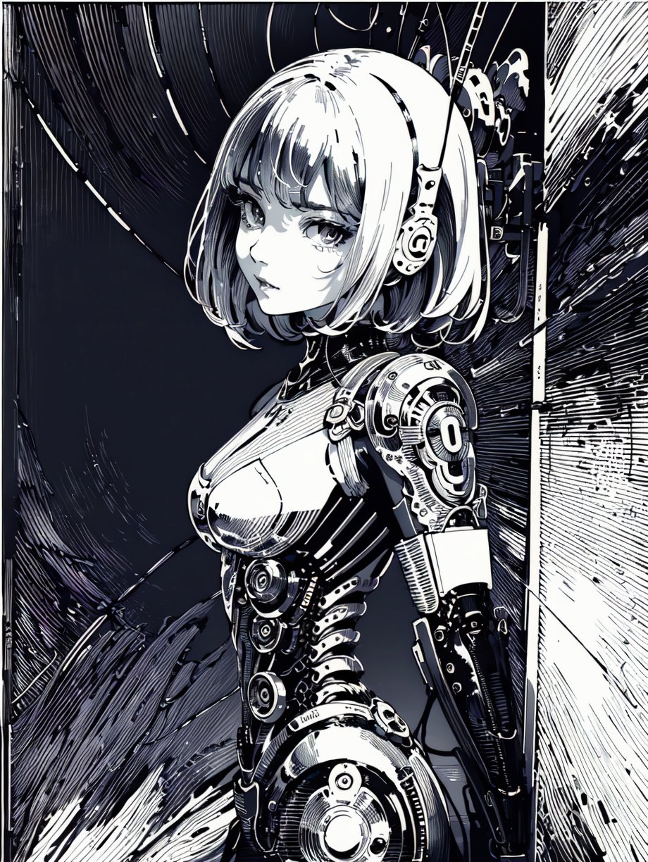 (((best quality,masterpiece,fine detailed,))),((line,black and white painting,black and white line drawing,smooth lines,monochrome,1girl,look at the camera,)),<lora:CJ PD:0.9>,(cyberpunk,mecha body,mechanical body,machine,sense of future,sense of science and technology:0.7),((solo)),dynamic,<lora:机械姬jixieji:0.6>,, (best quality, high quality, masterpiece,),