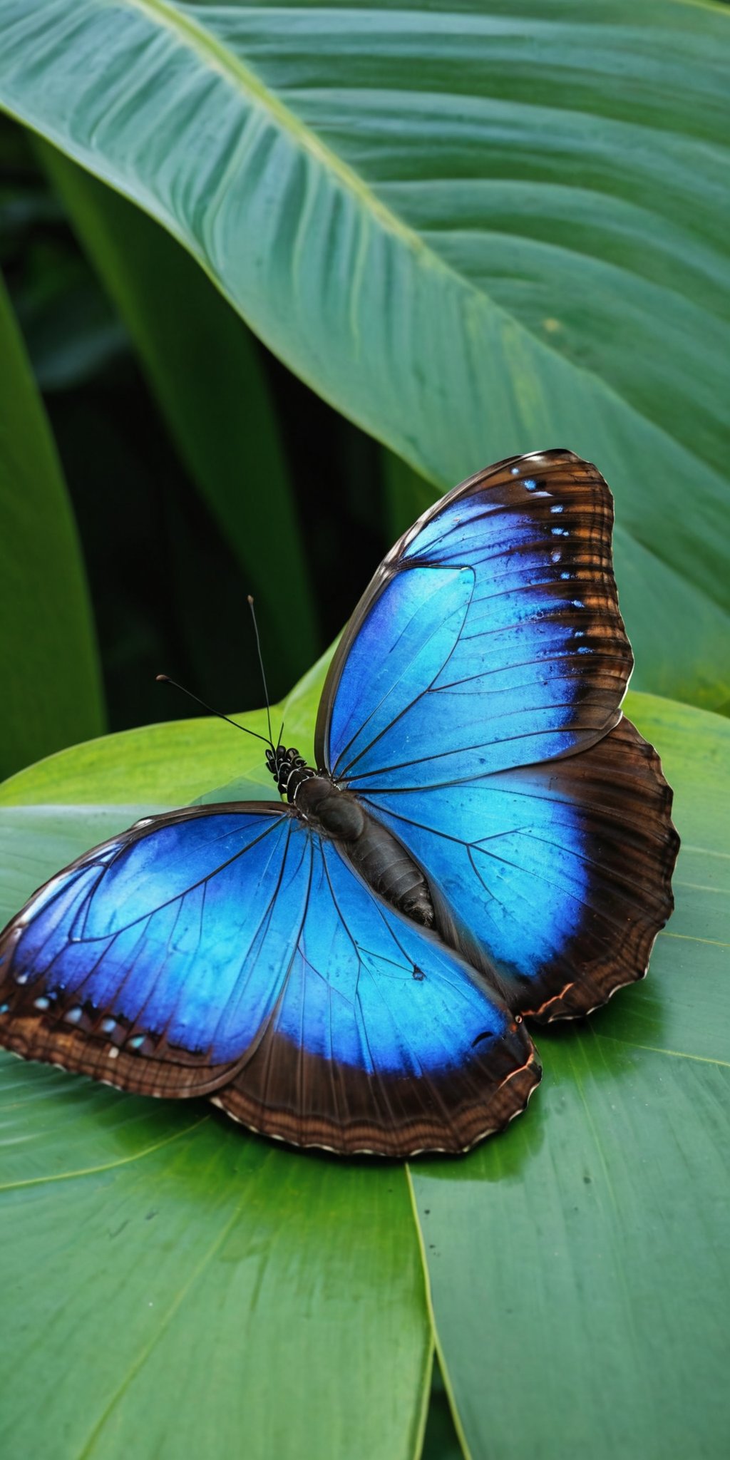 Blue Morpho butterfly, resting, tropical forest, daylight, natural sunlight, no artist, realistic, photography, highly detailed, vibrant colors, Sony camera, 4K, ultra-high-definition, crisp focus,<lora:HMSG微距蝴蝶XL-000010:1>,