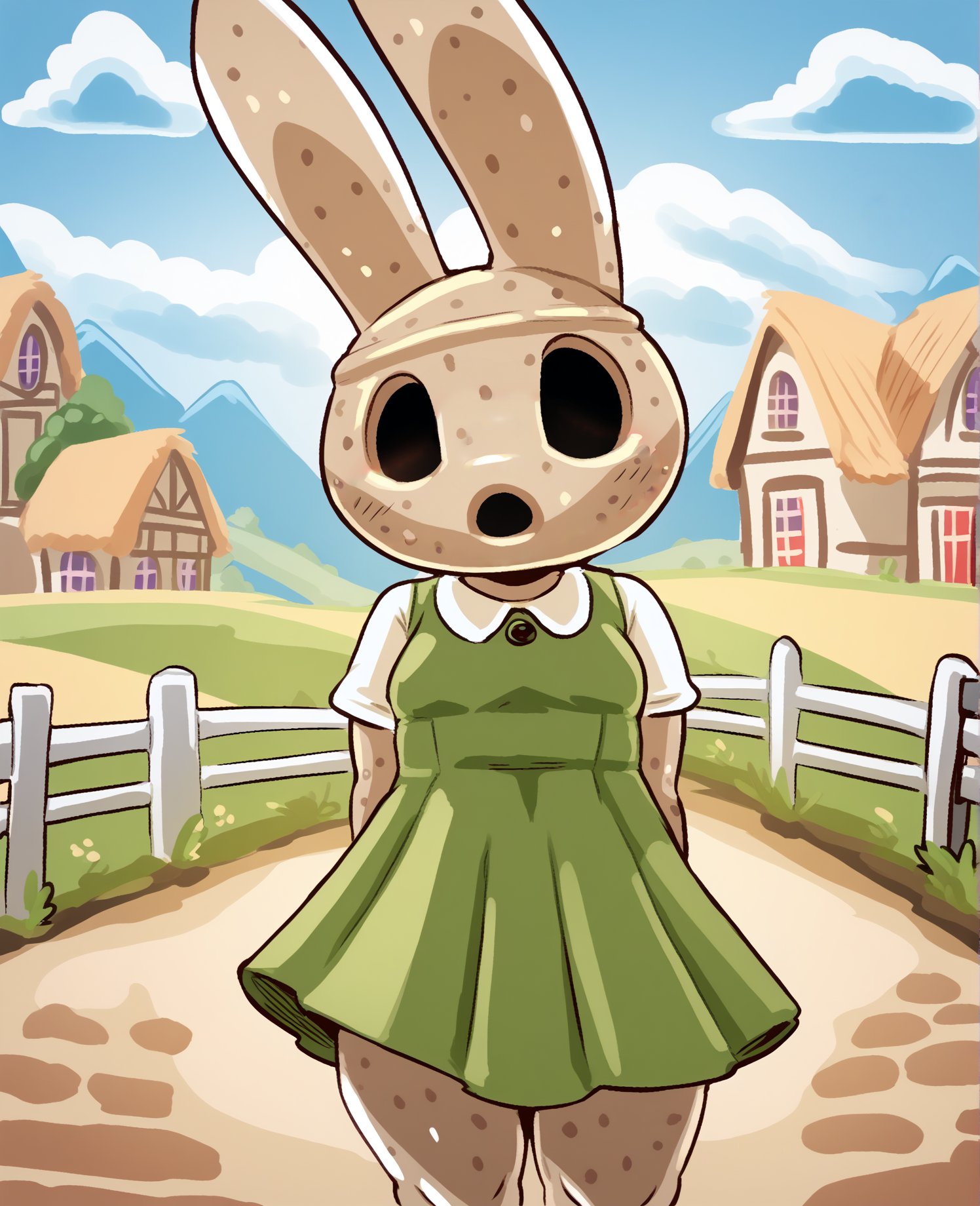 score_9, score_8_up, score_7_up, score_6_up, score_5_up, score_4_up, source_furry, owh, pbi, coco \(animal crossing\), animate inanimate, gyroid, lagomorph, leporid, mammal, rabbit, anthro, biped, black eyes, clothed, clothing, empty eyes, female, noseless, open mouth, green clothing, dress, solo, standing, topwear, detailed background, outside, field, village, island, looking at viewer, shy, simple eyes, simple face,<lora:coco_pdxl:1>