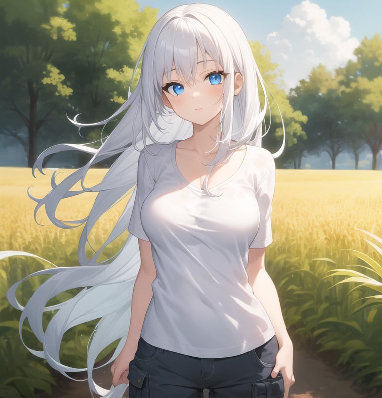 masterpiece,best quality,1girl,blue eyes,long white hair,cornfield,day,blouse,cargo shorts,breasts