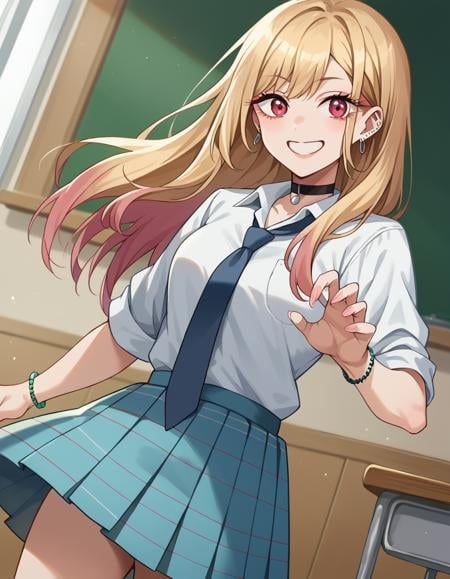 score_9, score_8_up, score_7_up, source_anime, marinkitagawa, <lora:marin-kitagawa-ponyxl-lora-nochekaiser:1>, marin kitagawa, long hair, bangs, blonde hair, red eyes, multicolored hair, smile,skirt, shirt, jewelry, school uniform, white shirt, pleated skirt, earrings, necktie, choker, bracelet, blue skirt, plaid, black choker, plaid skirt,indoors, classroom,looking at viewer, cowboy shot, dutch angle, dynamic pose,