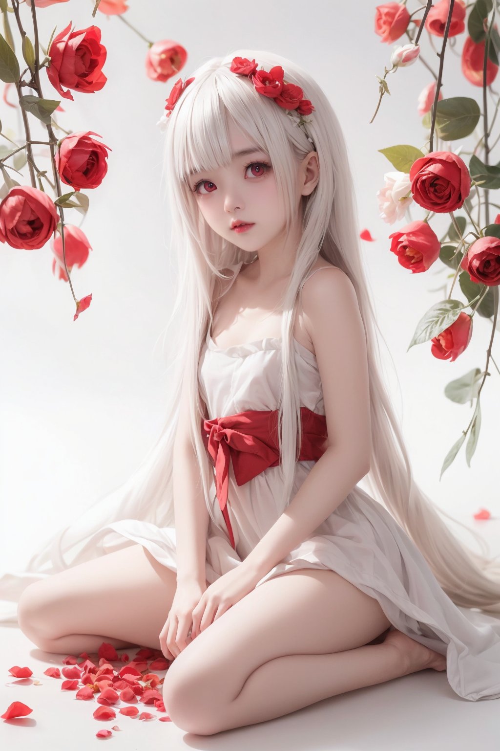 1girl,red eyes,white long translucent night gown,expressionless,(white hair),hair cover one eye,long hair,red hair flower,kneeling on lake,blood,(plenty of red petals:1.35),(white background:1.5),(English text).,(loli:1.5),(5yo:1.5),(very_long_hair,:1.3),chibi,