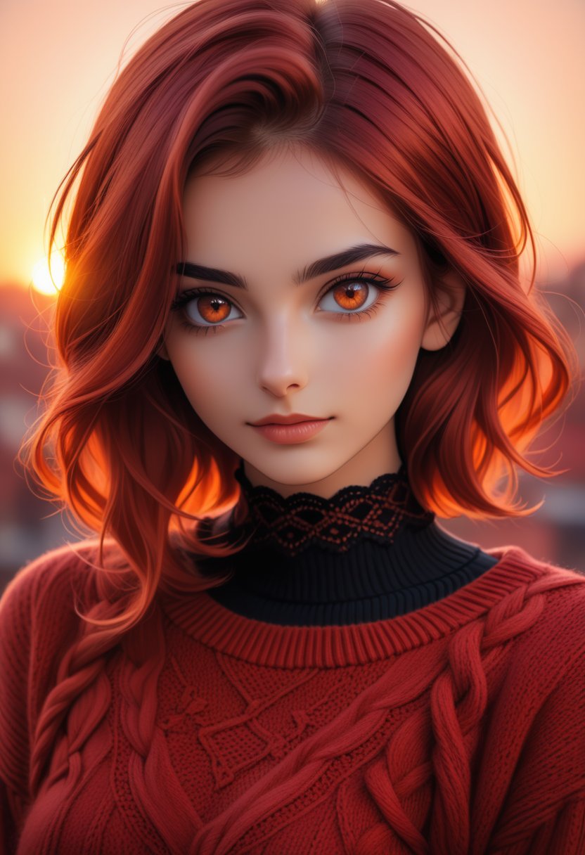 1 young cute iranian girl,very slim,skinny,redhead,rouge,red neck lace choker,cateyes makeup,colorful,oversize knit jumper,softcore,warm lighting,cosy atmosphere,Instagram style,red theme,upper body shot,(cinematic,black and red:0.85),(sunset beautiful background:1.3),sharp,dim colors,