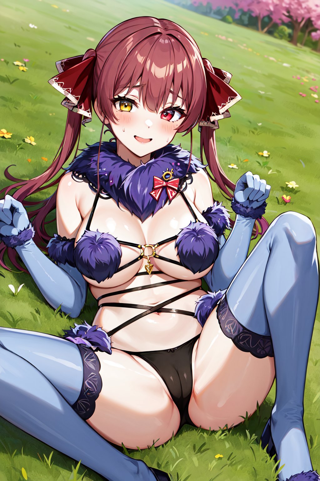 masterpiece, best quality, highres, iimarine, twintails, heterochromia, revealing clothes, fur collar, fur trim, cleavage, red bow, o-ring, elbow gloves, purple gloves, panties, lace-trimmed legwear, purple thighhighs, <lora:houshou_marine_v1:0.8>, grass, lying, spread legs, paw pose, smile, blush, sweatdrop, 