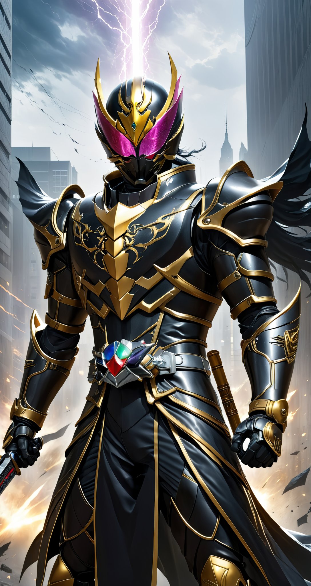 kamen rider style,Mysterious Warrior Kamen Knight, wearing dark armor and holding the Thunder Sword, the embodiment of justice, guarding the peace of the city. Brave and fearless, gallop on the battlefield, crack the evil plot, uncover the veil of truth.