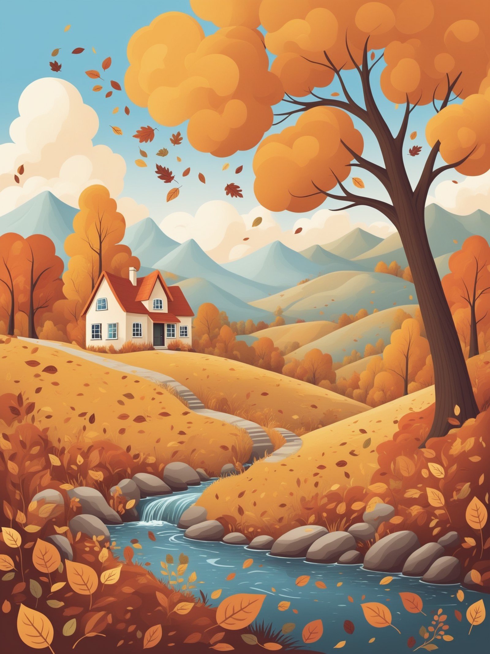 This is a whimsical scene,This is a whimsical scene, an illustration of autumn landscapes, in the style of Adobe Illustrator, great work.