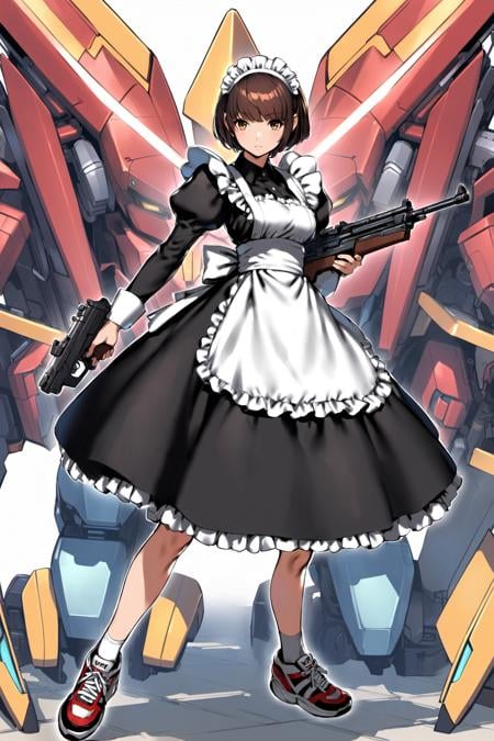 maid, 1girl, robot, mecha, maid headdress, apron, brown hair, short hair, gun, maid apron, dress, weapon, black dress, holding, shoes, solo, white background, sneakers, <lora:Yasuda akira_XL:0.8>