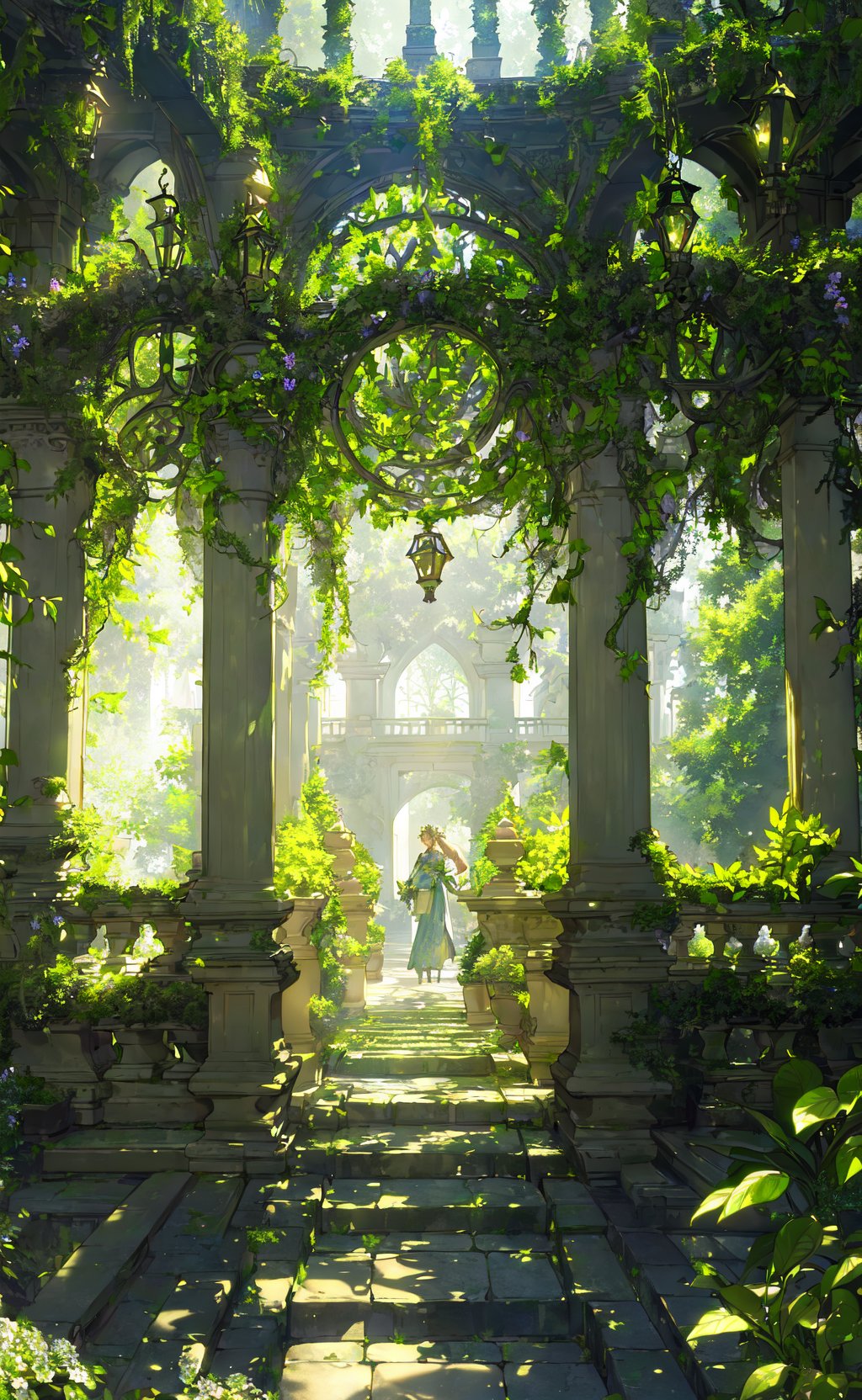 (masterpiece, best quality, highly detailed, intricate), a walkway in a garden with lots of green plants and trees on either side of it and a lantern hanging from the ceiling, Florence Engelbach, tone mapping, a flemish Baroque, german romanticism, cinematic composition, beautiful lighting