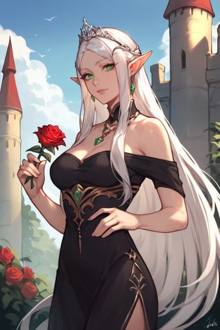 score_9, score_8_up, score_7_up, rating_safe, 1girl, solo, elf, pointy ears, breasts, long hair, very long hair, white hair, green eyes, portrait, looking at viewer, black dress, tiara, silver tiara, holding, holding flower, rose, red rose, necklace, jewelry, cowboy shot, standing, outdoors, castle <lora:Smooth Anime Style LoRA XL:0.7>