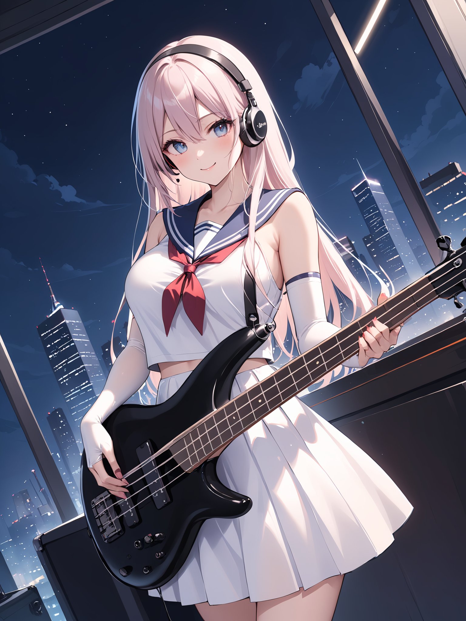 1lady playing bass guitar,beautiful eyes,long hair,sailor fuku,big breast,whiteelbow gloves,smile,lovestruck,earphone,rooftop,city,skyscraper,skyline,night sky,cinematic angle,speaker,amplifier,<lora:ibanez-SR-bass-sdxl (2):1>,