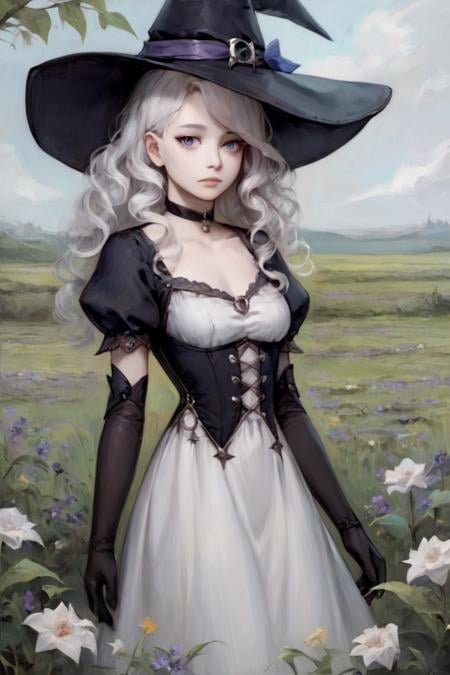 score_9, score_8_up, score_7_up, 1girl, witch hat, hat, solo, long hair, flower, dress, choker, puffy sleeves, looking at viewer, grass, white dress, bow, hat bow, white hair, black choker, plant, outdoors, blue eyes, purple eyes, black headwear, bangs, long sleeves, gloves, witch, blue bow, wavy hair, short sleeves, puffy short sleeves, elbow gloves, black gloves, standing, field, grey hair, sky, purple bow, breasts, curly hair, parted lips, expressionless, cowboy shot, closed mouth, leaf <lora:Cold Oil Style SDXL_LoRA_Pony Diffusion V6 XL:1>