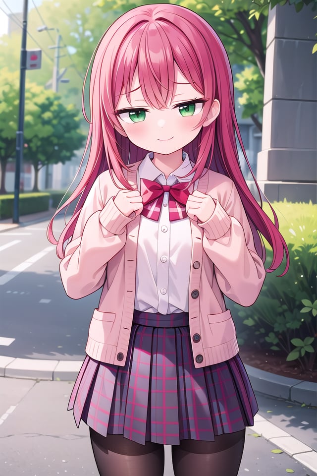 <lora:sensualface_type3_v3:1>insanely detailed, absurdres, ultra-highres, ultra-detailed, best quality,1girl, solo, nice hands, perfect handsBREAK(School Uniforms:1.2), (pink cardigan is fit body:1.4), ((do up a buttons, not loose):1.5), ((long sleeve, sleeves past wrists):1.2), (inner wear is white collared-shirt:1.3), (red plaid-pattern bow:1.3), (red plaid-pattern pleated skirt:1.3), ((dark-brown pantyhose, loafers):1.2), (cleavage:-1.5)BREAKhappy smile, laugh, closed mouthBREAK(45 angle:-1.5), (from side:-1.5),standing, cowboy shot, looking at viewerBREAKslender, kawaii, perfect symmetrical face, ultra cute girl, ultra cute face, ultra detailed eyes, ultra detailed hair, ultra cute, ultra beautifulBREAKin forest, depth of field, ultra detailed backgroundBREAKmedium large breastsBREAK(red hair, green eyes), spiked hair,