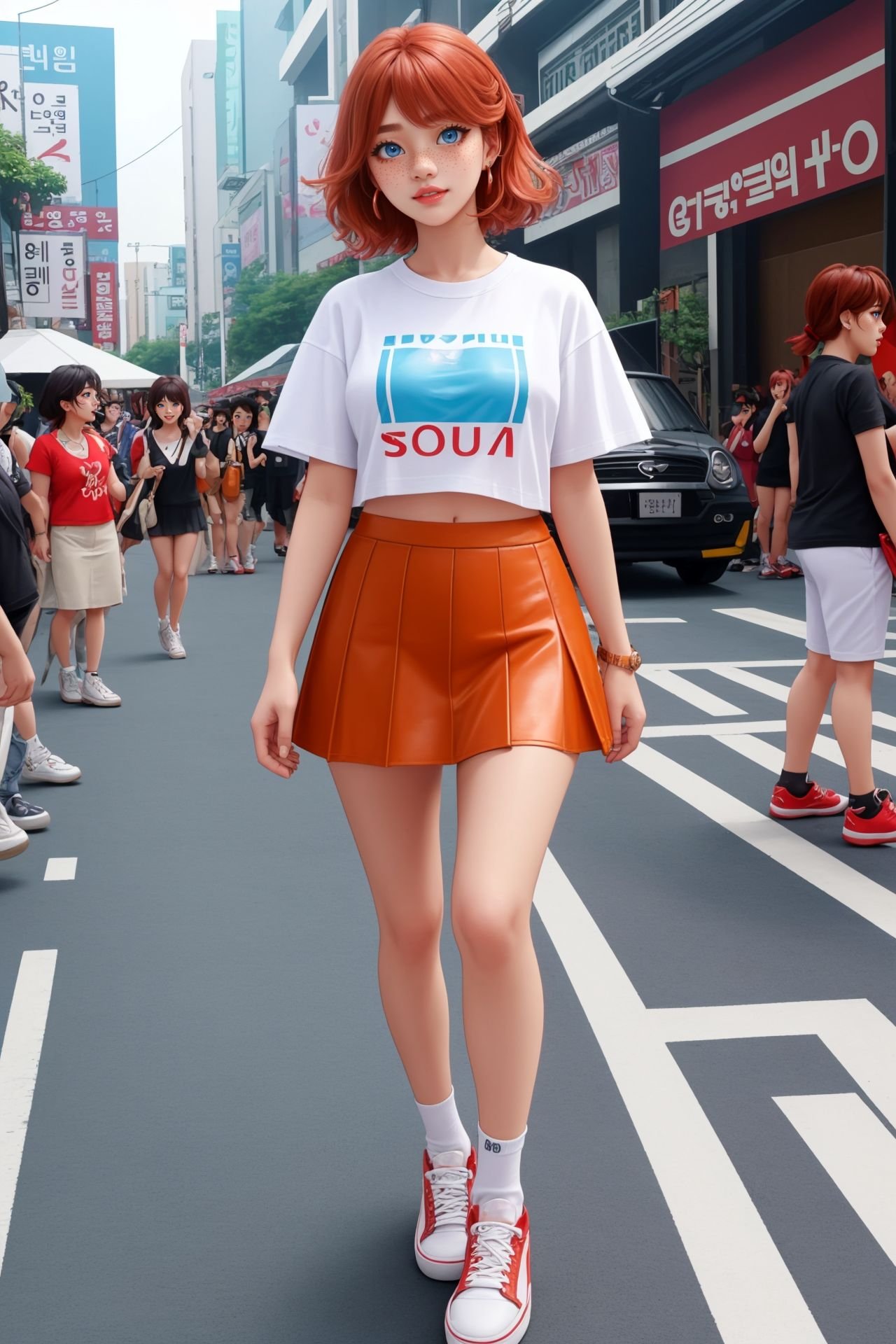 1 girl, solo, female, adult woman, freckles, blue eyes, copper shag hair,Mini skirt, graphic t-shirt, white sneakersA vibrant, bustling Seoul street during a K-pop concertbeautiful, detailed, best quality, high resolution, masterpiece, 8k