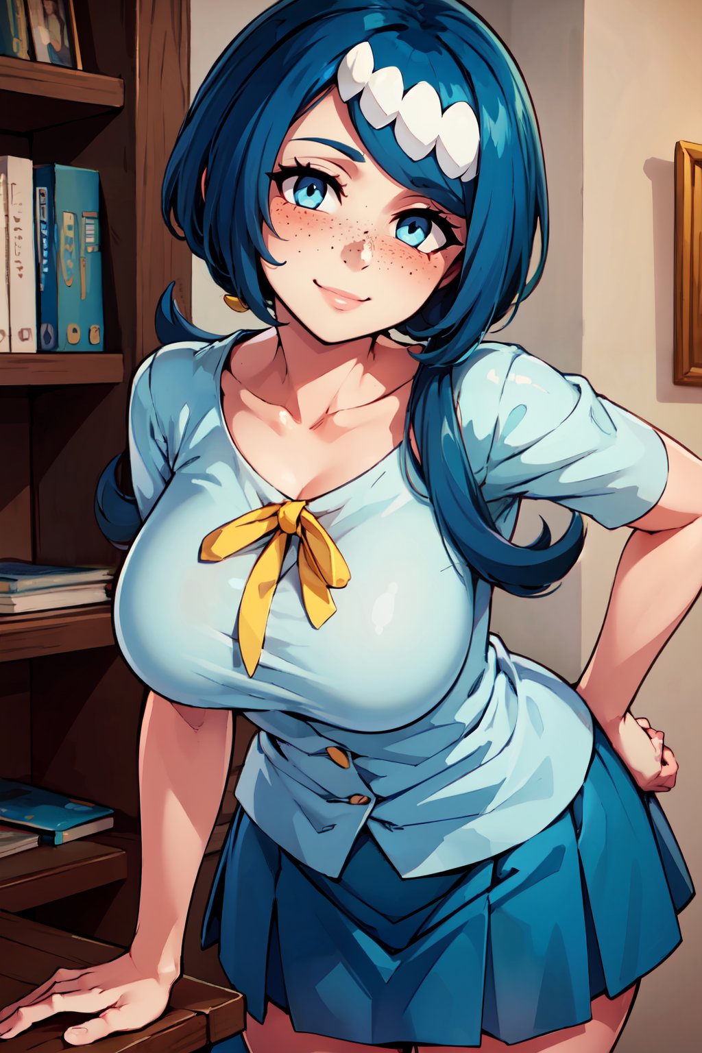 ((masterpiece,best quality)), absurdres,  BREAK,, <lora:Lanas_Mother_Pokemon:0.8>, zzLanasMother, blue hair, blue eyes, long hair, freckles, large breasts, hair ornament, white shirt, blue skirt, , BREAK, leaning forward, head tilt, blush,, BREAK, solo, smile, looking at viewer, cowboy shot,