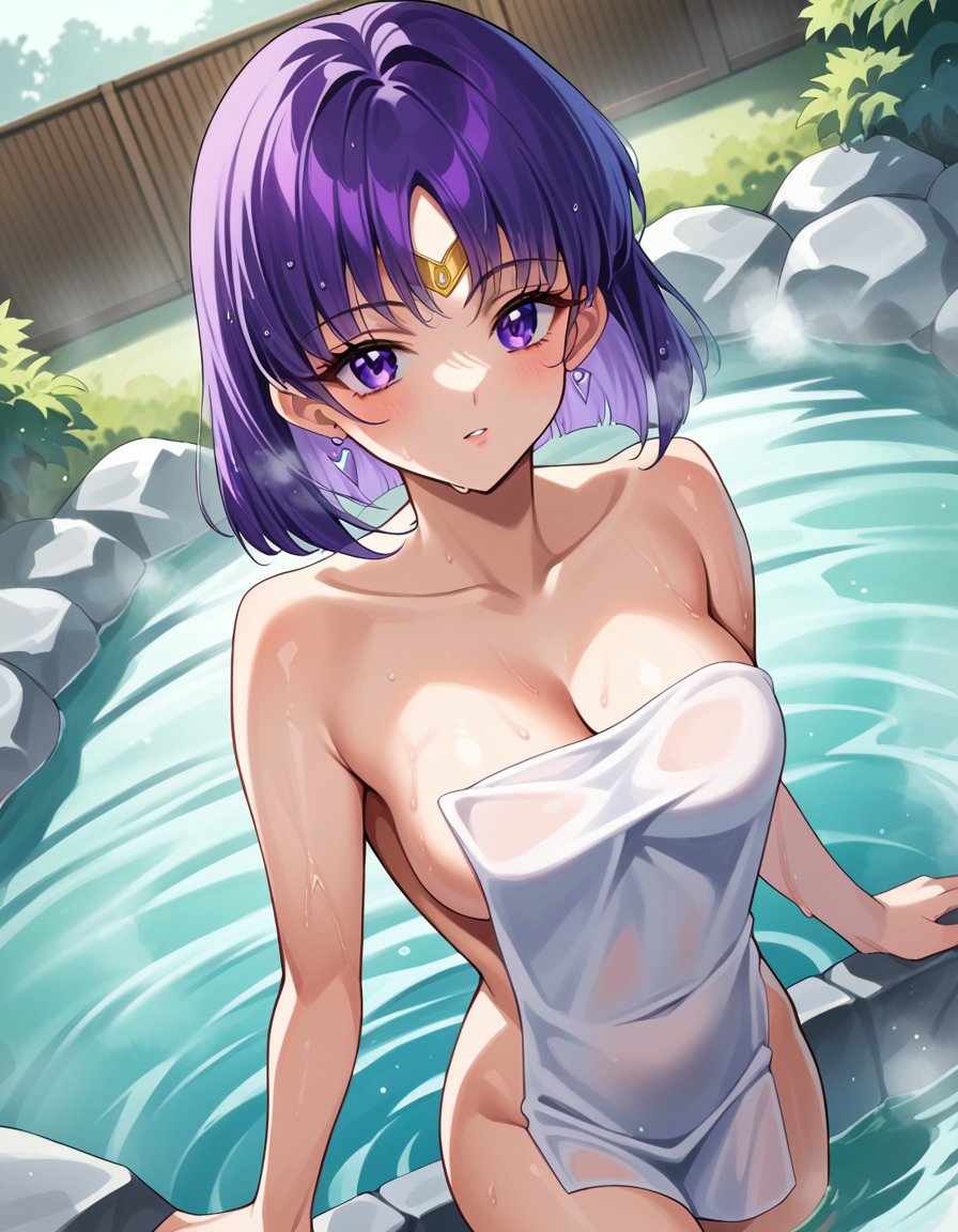 score_9, score_8_up, score_7_up, source_anime,sailorsaturn, <lora:sailor-saturn-ponyxl-lora-nochekaiser:1>sailor saturn, purple eyes, short hair, purple hair, circlet,nude, naked, outdoors, onsen, towel, naked towel, steam, bathing, nude cover, partially submerged, water, bath, steam censor, wet towel,looking at viewer, cowboy shot, dutch angle,