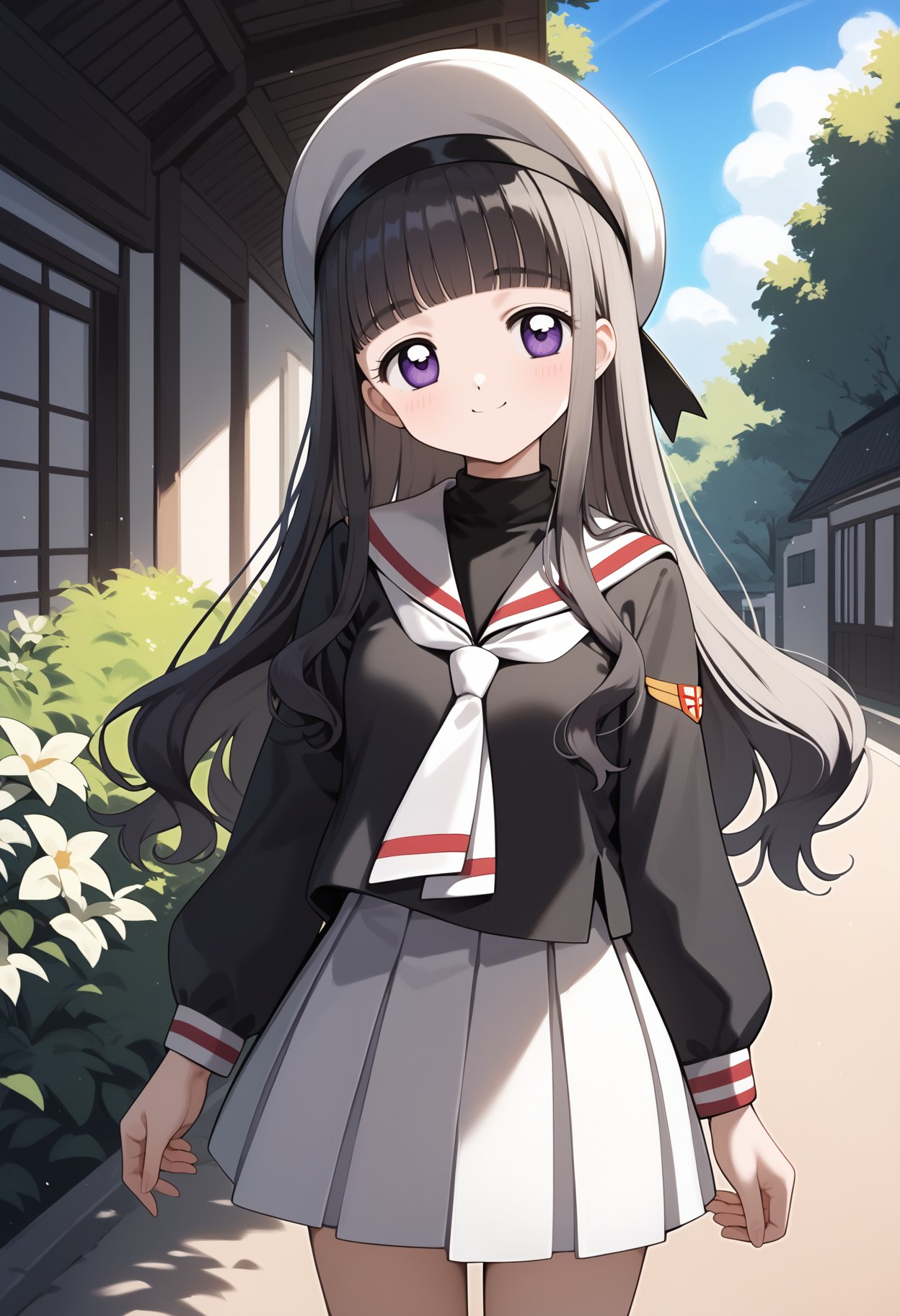 score_9, score_8_up, score_7_up, score_6_up, score_5_up, score_4_up, source_anime, aatomoyo, long hair, black hair, beret, white headwear, blunt bangs, purple eyes, small breasts, serafuku, white sailor collar, white neckerchief, black shirt, long sleeves, pleated skirt, white skirt <lora:daidouji_tomoyo_ponxl_v1:0.9>, standing, cowboy shot, outdoors, smile