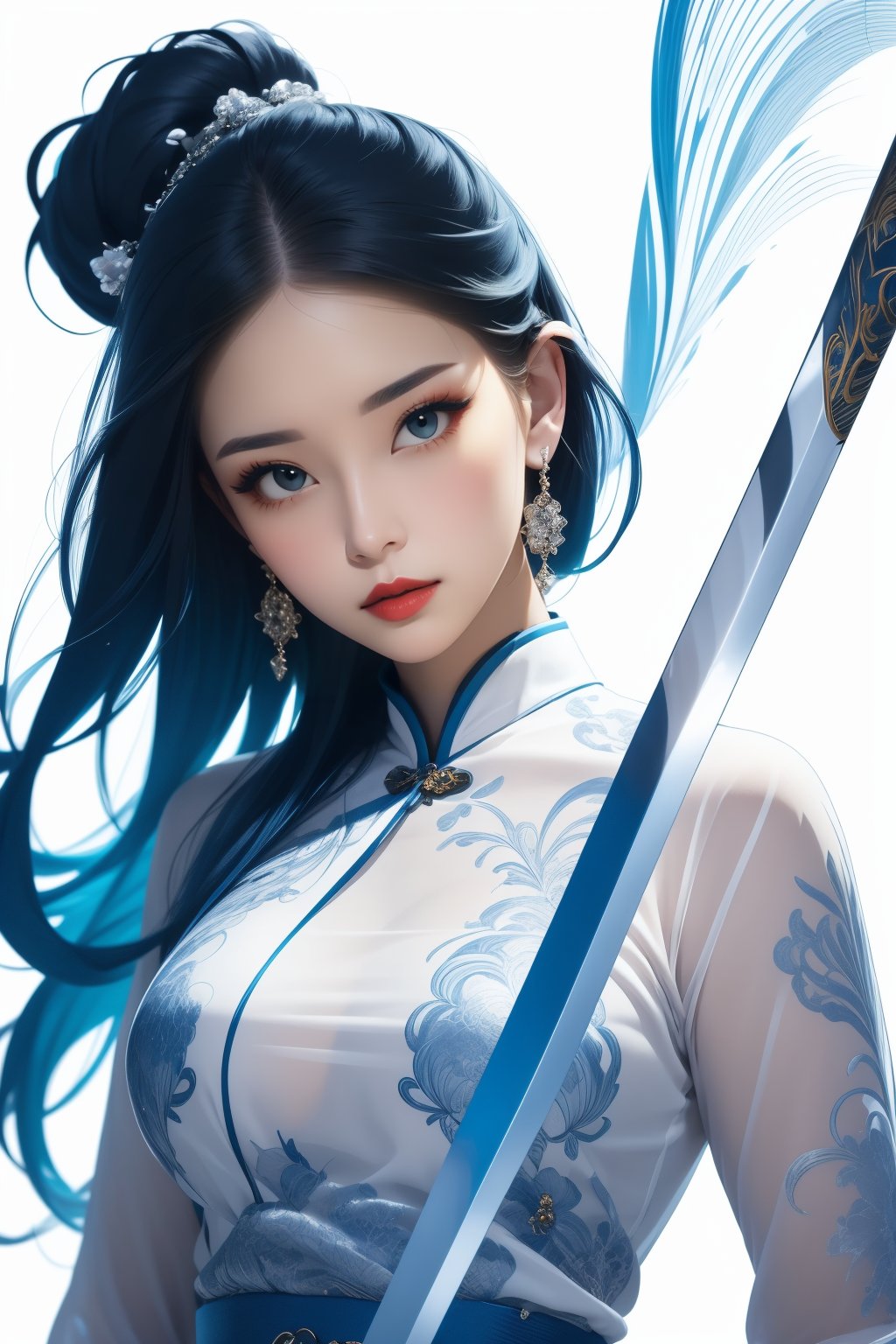 lbc girl, a woman with long hair holding a sword, solo, long hair, looking at viewer, black hair, hair ornament, white background, dress, holding, jewelry, closed mouth, blue hair, upper body, weapon, earrings, sky, sword, holding weapon, white dress, blue sky, facial mark, expressionless, holding sword, forehead mark