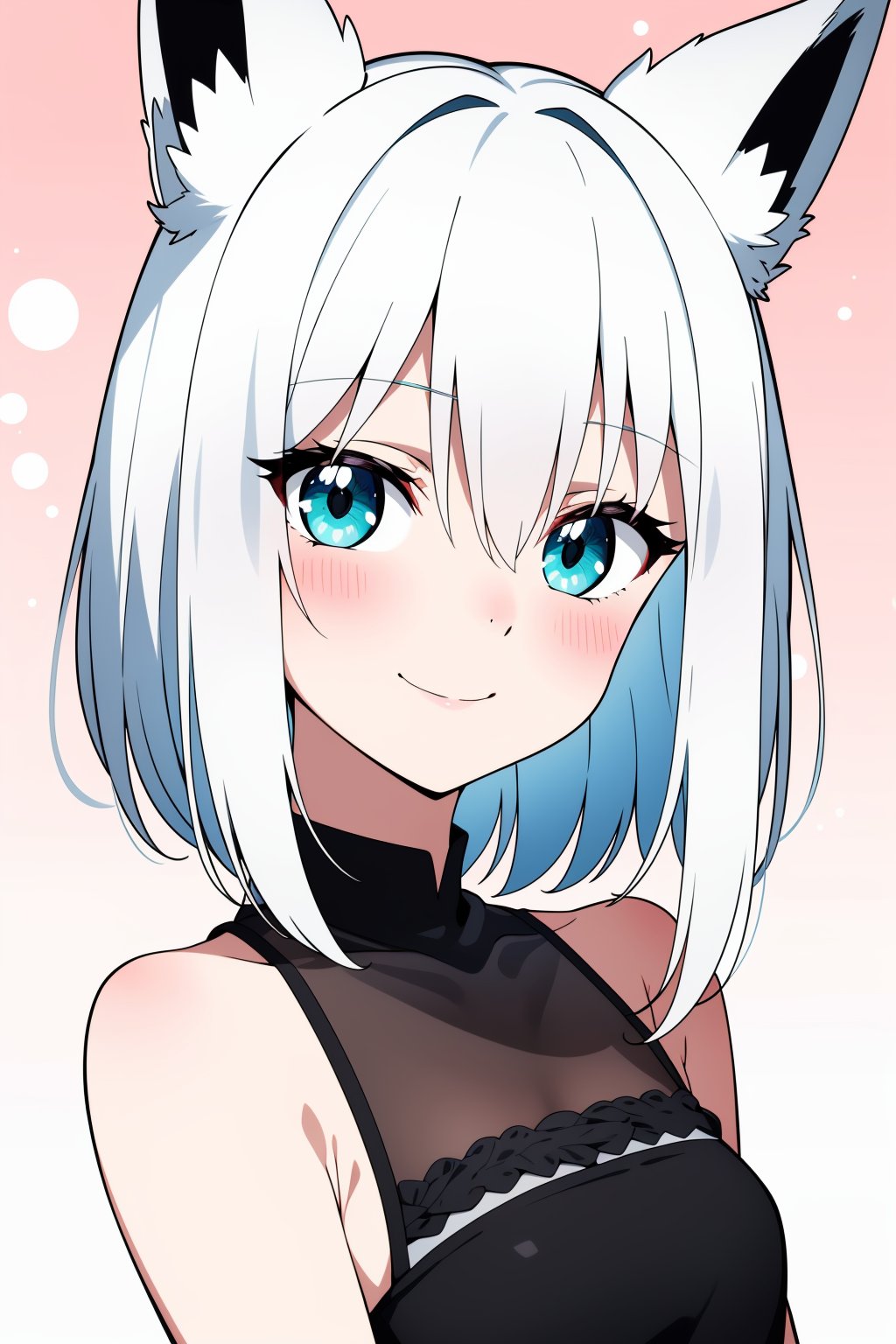 (masterpiece), best quality, expressive eyes, perfect face, 1girl, solo, shirakami fubuki, fox girl, medium hair, white hair, aqua eyes, small breasts, black dress, see-through, fox ears, head tilt, light smile, portrait, pink background, bokeh, 